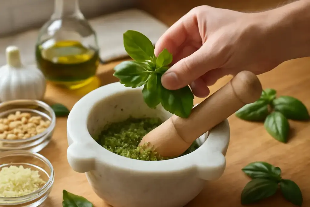 Come preparare il pesto genovese con mortaio? Il momento giusto per aggiungere il basilico